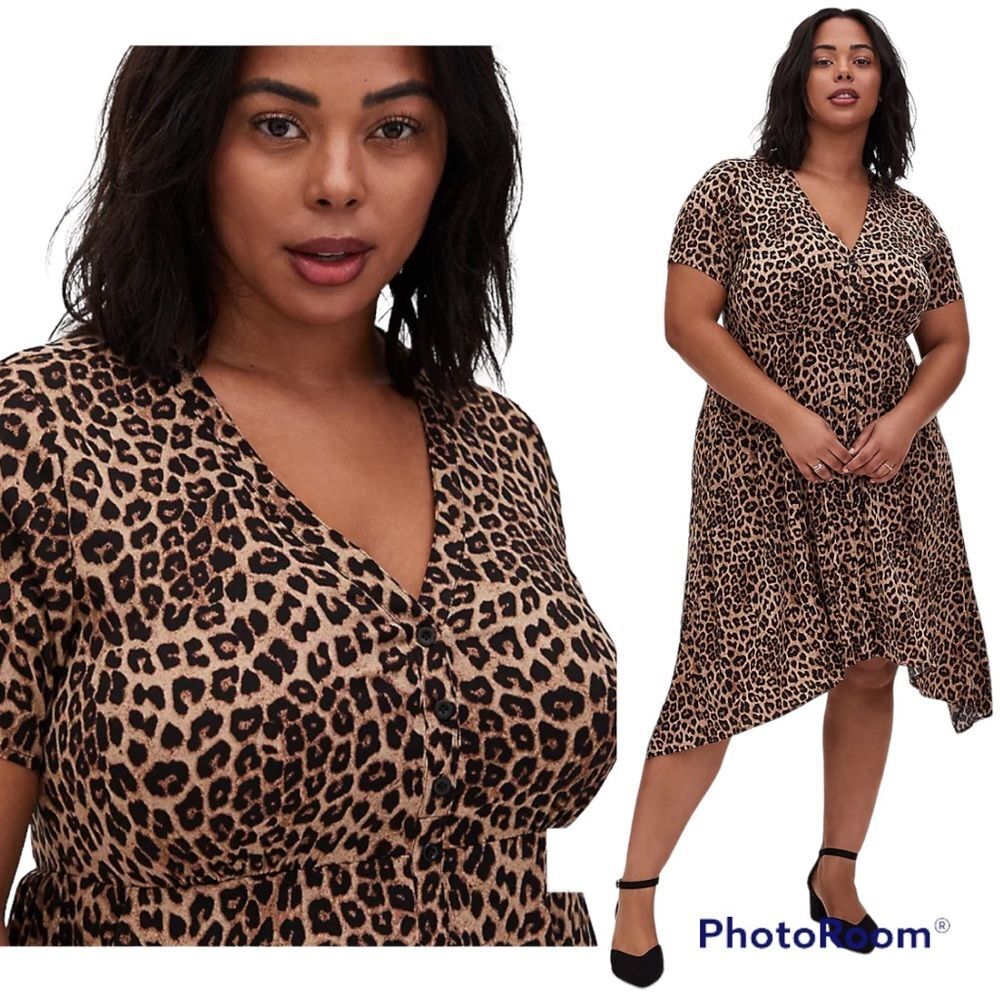 Torrid Brown Leopard Midi Challis V-neck Button Front Shirt Dress Size 1